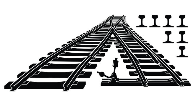 Railway track diverging into a switch with signal black silhouette