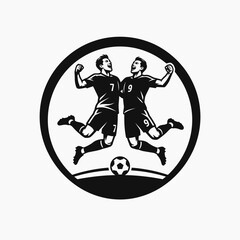 Obraz premium Two Soccer Players Celebrating Victory with Ball.