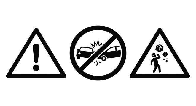 Warning Sign Set With Caution Collision And Falling Objects Silhouette
