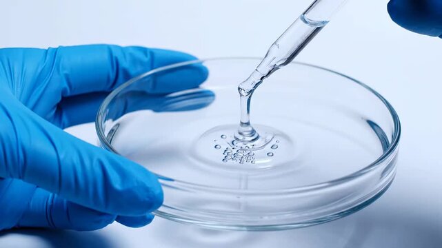 Scientific Research: Blue gloved hands dropping clear gel into a petri dish, ideal for medical or skincare marketing.