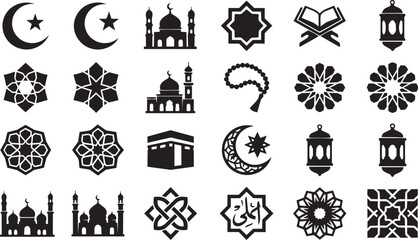 Fototapeta premium Set of black islamic vector graphic icons for cultural religious celebration design on transparent background