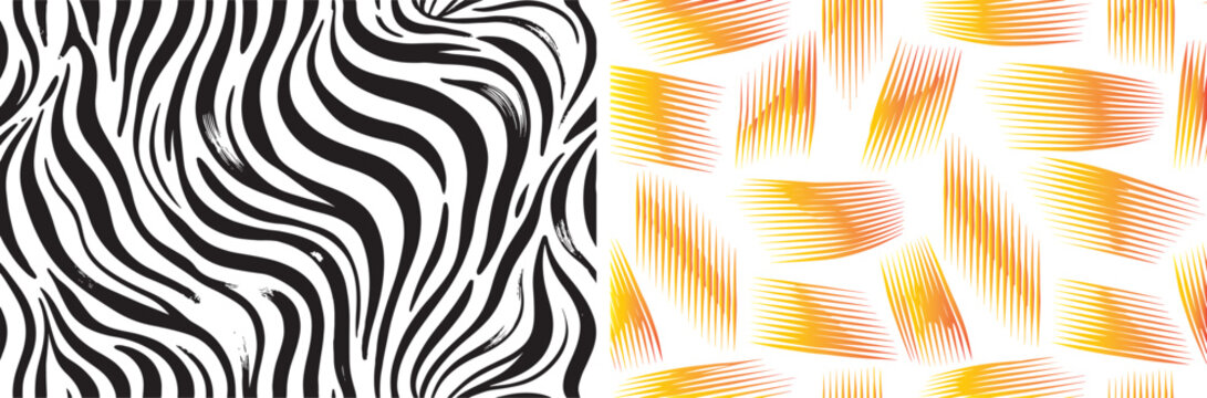 Seamless vector pattern set featuring black and white zebra stripes and orange gradient brush strokes for textile and graphic design