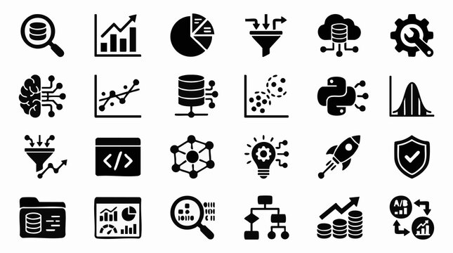Data Science, Analytics, AI, and Business Technology Vector Icons Set