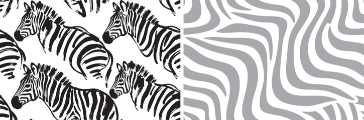 Seamless zebra pattern set with hand drawn brush stroke animals and abstract grey stripe texture vector illustration for textile and wallpaper design © reza