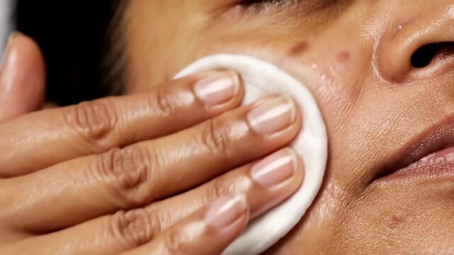 Skin Care Treatment: Hand applying cotton pad to hyperpigmented face, perfect for dermatology ads.