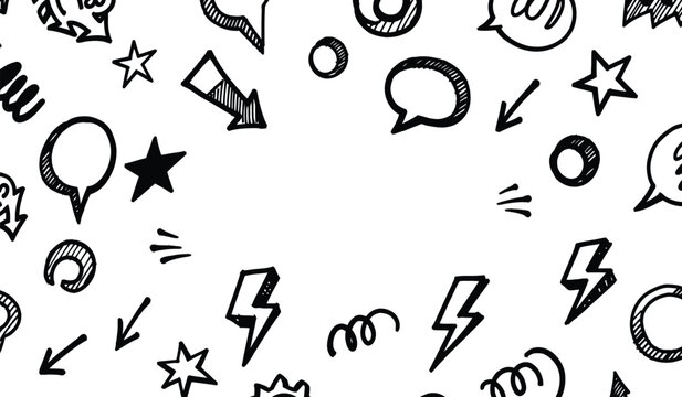 Black and white illustration of various chat and thought bubbles with symbols