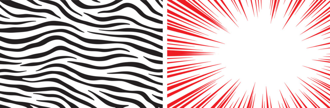 Zebra stripe seamless pattern and red comic speed lines background vector set