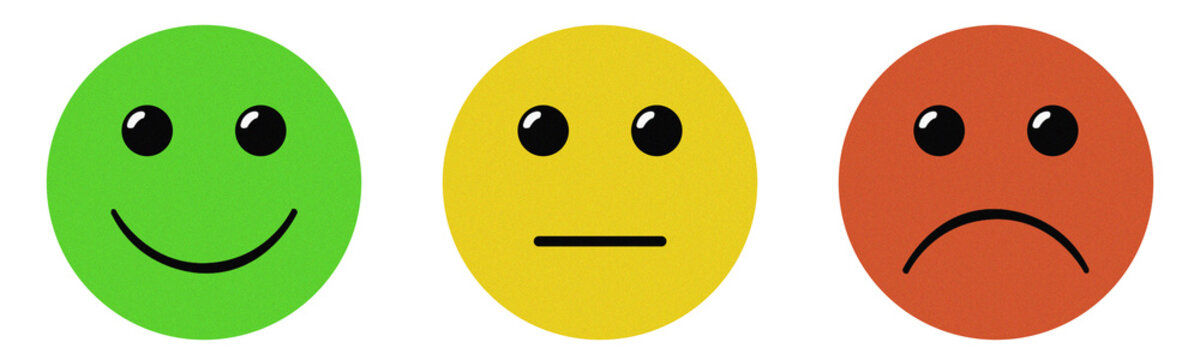 Green yellow red smiley feedback icons PNG isolated on transparent background for customer satisfaction ratings