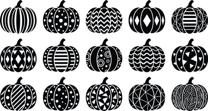 Set of fifteen black and white pumpkin icons with different patterns for autumn holiday design