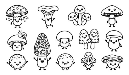 Cute Kawaii Mushroom Character Collection with Smiling Forest Fungi Cartoon Icons and Adorable Nature Illustrations © SobujChandra