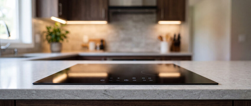 Modern kitchen with sleek black induction cooktop on marble countertop and minimalist island