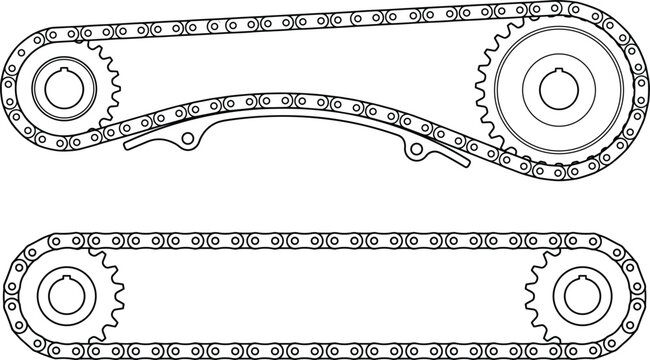 Car engine timing chain and sprocket gears set with tensioner guide mechanism outline line art vector illustration background