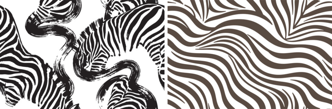 Zebra seamless pattern set with hand drawn artistic animal illustrations and abstract stripe textures for textile and fashion design
