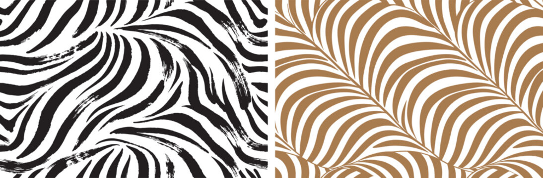 Seamless abstract patterns set with black zebra stripes and brown palm leaf motifs for textile and background design