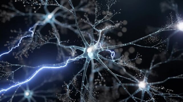 Close up view of glowing neurons network in brain with synapses transmitting signals and electric impulses