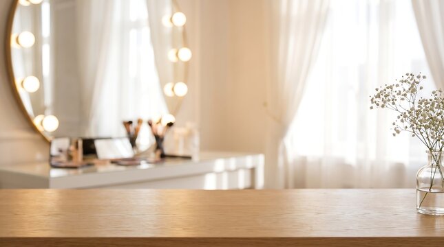 Empty Wooden Table Surface with Blurred Vanity Mirror and Makeup Room Background for Beauty Product Display Banner Use