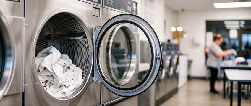 Commercial laundromat washing machines with open dryer and white linens in self-service laundry