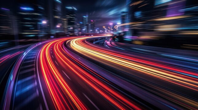 A dynamic night scene of a city street illuminated by streaks of colorful light, likely from vehicle headlights or a camera effect, showcasing a fast-paced urban environment.