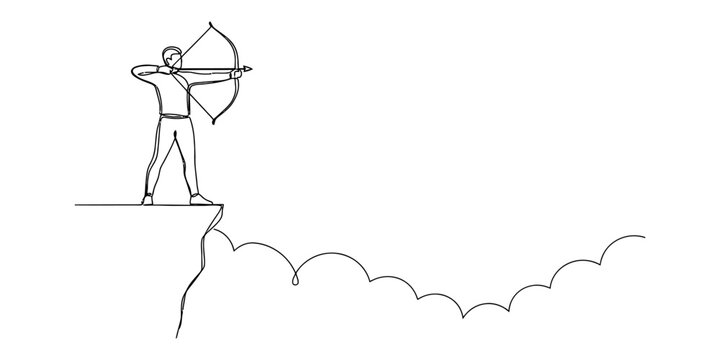 Continuous single line drawing of an archer aiming a bow and arrow standing on the edge of a high cliff