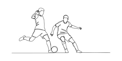 Continuous line drawing of two soccer players playing football match and competing for the ball © Badhon_Art Gallery