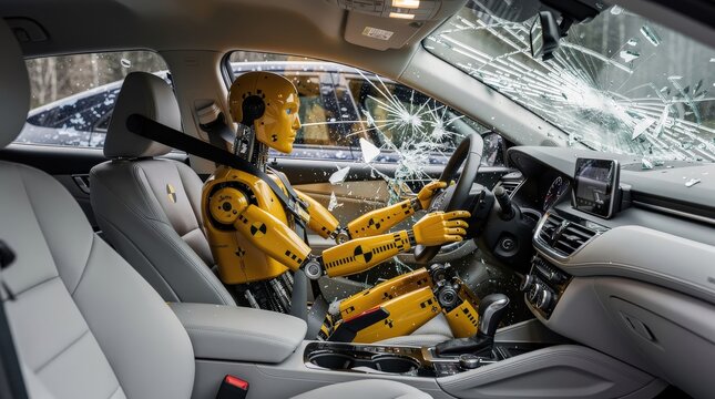 A crash test dummy sits in the driver"s seat of a car with a shattered windshield, simulating vehicle safety testing after a crash.