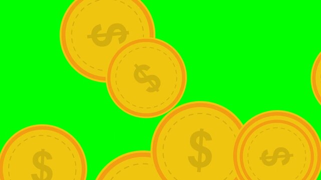 Gold dollar coins falling on green screen background