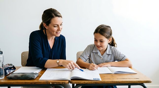 A dedicated female teacher explains a lesson to a young schoolgirl in a bright classroom setting