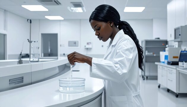 Female scientist preparing sterile saline solution in a modern laboratory setting