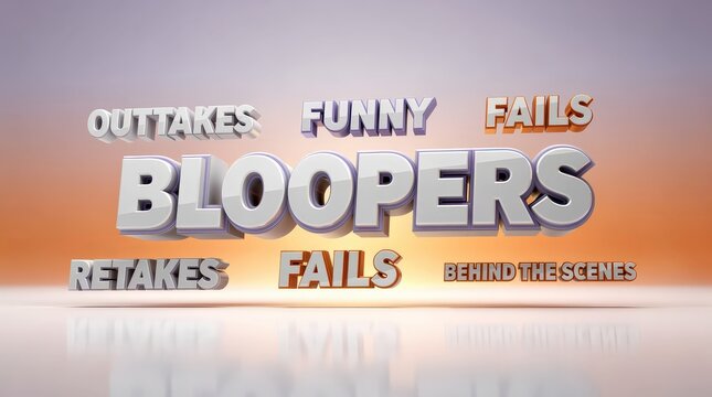 Bold 3D text featuring words like "Bloopers," "Outtakes," "Funny," and "Fails" against a soft gradient background.