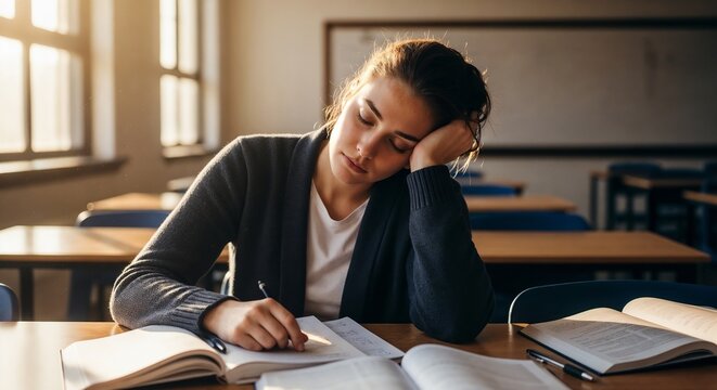 Sleepy student studying hard at desk surrounded by textbooks and notebooks. Tired student appears exhausted while writing notes in classroom filled with natural light.