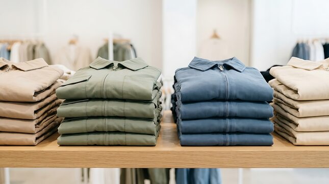 Neatly folded casual jackets arranged in stacks on a wooden display table inside a bright and modern clothing boutique retail store with soft lighting
