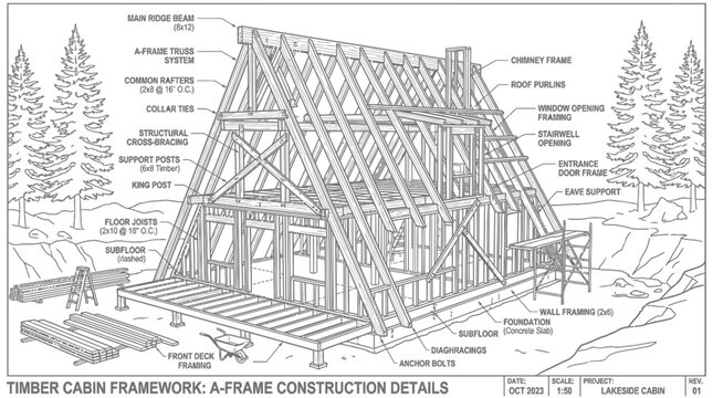 Technical architectural blueprint showing the structural framework and construction details of an A-frame timber cabin.