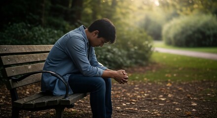 Fototapeta premium Sorrowful friend sitting on bench with head down in park. Emotionally reflective moment captured with friend contemplating life surrounded by nature.