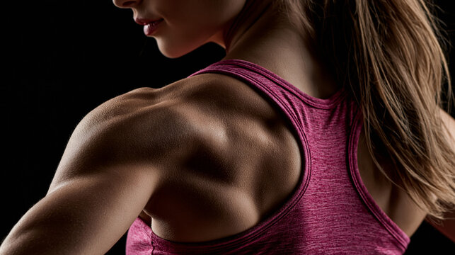 Close up shoulder and back muscle of fitness woman , wearing pink sport bra, black background.
