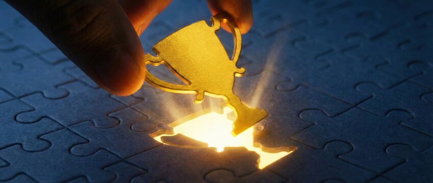 Wide Banner of a Hand Completing a Puzzle with a Golden Trophy Piece Representing Victory and Success with Copy Space