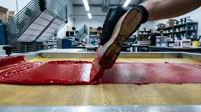 Close-up of industrial screen printing process showing a worker in black gloves using a wooden squeegee to spread thick red ink across a mesh frame in a commercial print shop studio workshop.