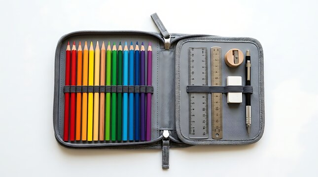Organized rainbow colored pencils with stationery tools in a grey fabric pencil case for school supplies and creative art projects on a white background