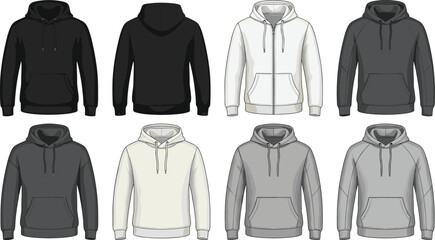 Blank hoodie apparel vector mockup set featuring front and back views of black white grey pullover sweatshirts and full zip hooded jackets. © Shefali