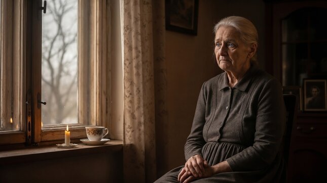Sorrowful widow sitting by window with candle and cup of tea, deep in thought. Sorrowful expression reflects feelings of loss and absence during quiet moments.