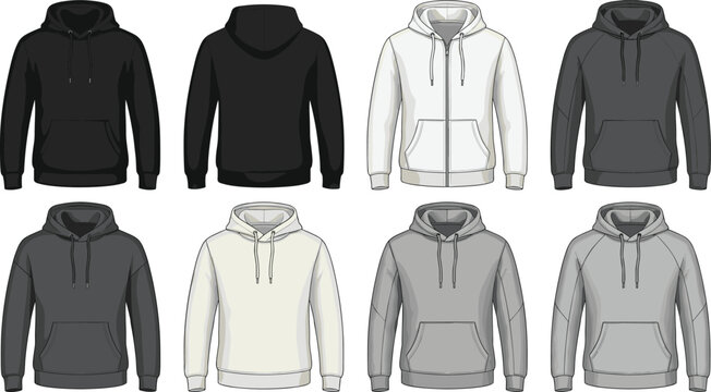 Blank hoodie apparel vector mockup set featuring front and back views of black white grey pullover sweatshirts and full zip hooded jackets.