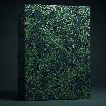 Intricate green floral pattern on dark background.