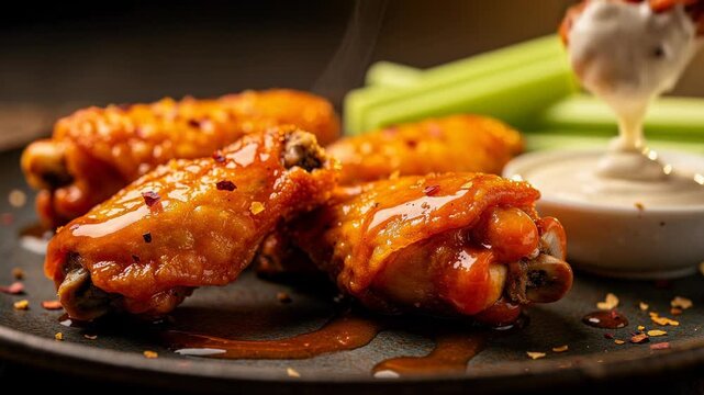 Delicious hot buffalo chicken wings with spicy sauce celery sticks and creamy dipping sauce closeup