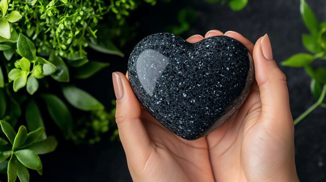 Woman's hands holding a dark heart-shaped stone.