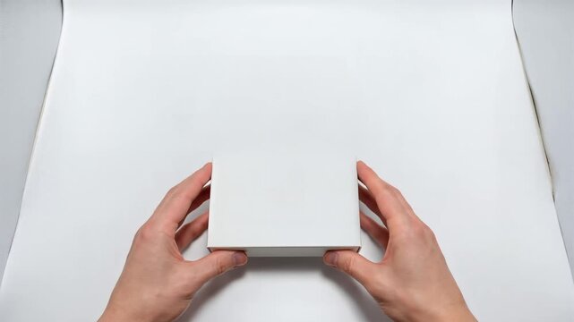 Hands Presenting Blank White Box Mockup, Clean Product Packaging For Branding, E-commerce Unboxing Concept