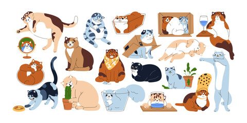Obraz premium Funny mem cats set. Happy, sad or angry felines with amusing expressions, humorous emotions and comic poses. Cute meme kitties, humor animals. Flat vector illustrations isolated on white background