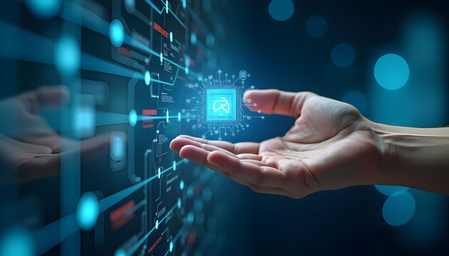 A human hand interacts with a glowing digital microprocessor hologram representing advanced artificial intelligence and future computing connectivity systems photorealistic raw image	