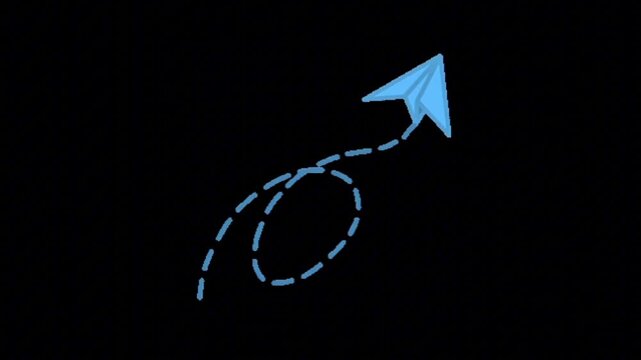 Whimsical blue paper airplane soaring upwards with a dashed trail on a black background, symbolizing creativity, aspiration, and the dynamic journey of ideas or digital messages