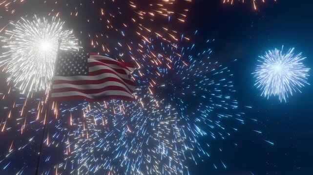 American 4th of july flag waving in the night fireworks sky