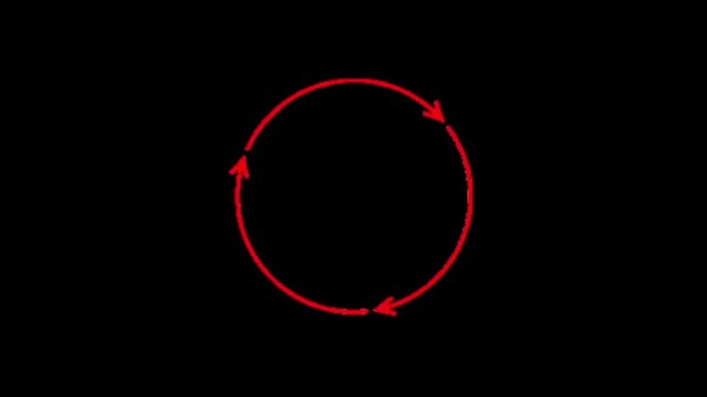 Red circular arrow icon on a black background, symbolizing continuous refresh, reload, and a repetitive cycle. This graphic represents process, update, and perpetual motion