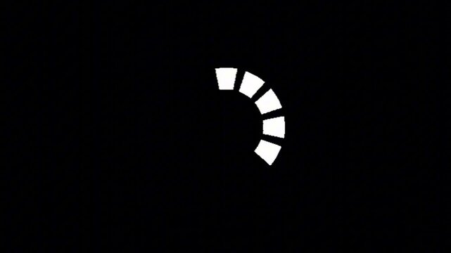 Abstract white segmented circle graphic illustrating a digital loading animation, symbolizing wait times, data retrieval, or content initialization on a dark screen